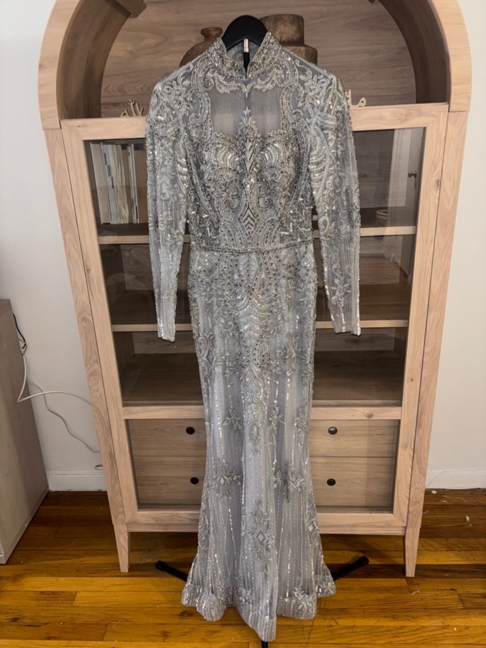 Beaded Silver Sequin Evening Gown